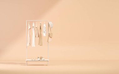 Pastel bej ve mercan pembesi renginde güneş gölgesinde asılı elbiseler. 3D görüntüleme, depolama ve yatak odası konsepti