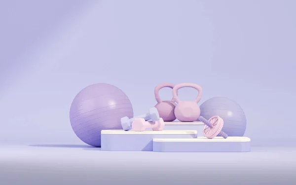 Sağlıklı yaşam tarzı ambalaj sunumu için spor ekipmanları. Spor çantası, şişe, pastel pembe üzerine dambıl ve çok parlak bir arka plan. Spor salonunda kaldırma, fitness için 3D modaName.