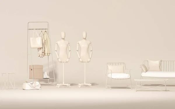 棚やマネキンの服とスタジオルーム パステルと白の色で屋外アームチェア 創造的な構成 ソーシャルメディア ショッピングストア スタジオ用の3Dレンダリング ミニマルライフスタイル — ストック写真