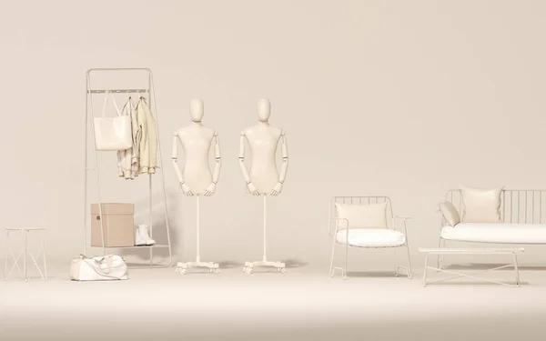 Stüdyo odası, rafta giysiler ve mankenler, dışarıda koltuklar, pastel ve beyaz renkler. Yaratıcı kompozisyon. Sosyal medya, alışveriş mağazası, stüdyo için 3D tasarım. Minimalist yaşam tarzı