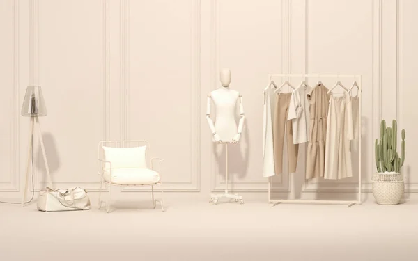 Mockup Studio Living Room Fashion Showcase 마네킹 선인장 베이지 흰색으로 — 스톡 사진