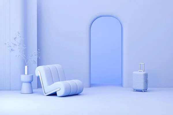 创意室内设计在蓝色工作室与植物壶和扶手椅 色彩艳丽的背景 演示或图片框 北欧风格的3D渲染 — 图库照片