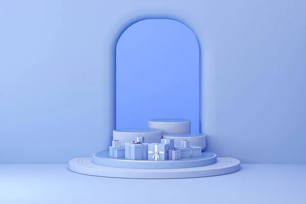 Pudełko Wstążką Podium Pastelowym Niebieskim Bardzo Peri Tle Kreatywne Realistyczne — Zdjęcie stockowe