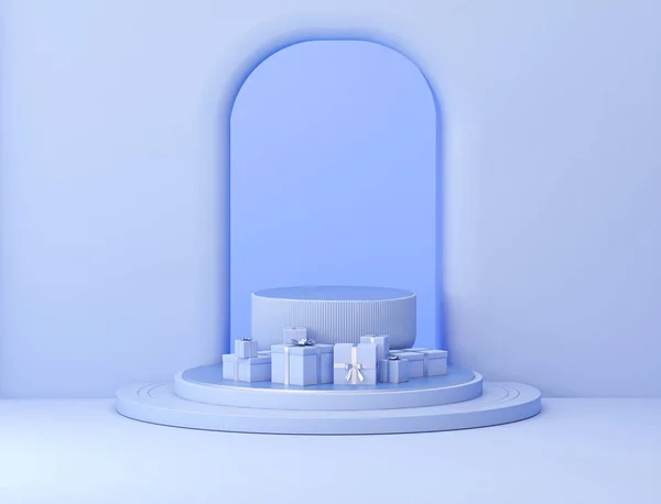 3D礼品盒 带和领奖台在淡蓝色和非常漂亮的背景上 创造性的 现实的 极小的礼物 新年和假期快乐的概念 庆祝一下 3D渲染 — 图库照片