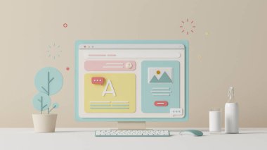 Evden ya da ofisten çalışmak için çizgi film işyeri. Yaratıcı çalışma konsepti geçmişi. Web afişi, site sayfası, bilgi grafikleri, reklam promosyonu konsepti. Pastel 3D çizim. Neumorfizm.