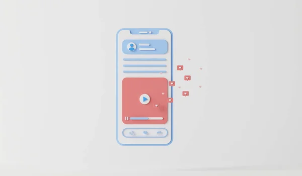 ハートアイコン付きの携帯電話のための概念 ウェブサイト ランディングページ テンプレート バナー プレゼンテーションのためのビデオマーケティングの概念 ソーシャルネットワークの概念の背景 3Dイラスト — ストック写真