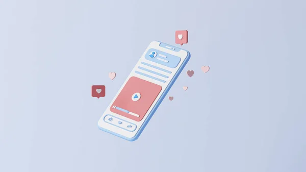 概念的移动 智能电话与心脏图标 登陆页 横幅和展示的视频营销概念 社交网络概念背景 3D说明 — 图库照片