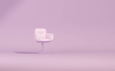 Düz tek renkli pembe ve mor arkaplanda tek bir izole sandalye, tek renk kompozisyonu, web sayfası, sunum ve resim çerçevesi arkaplanı için 3d oluşturma.