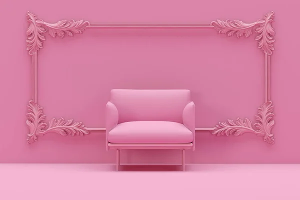 Pastel pembe arka planda klasik çerçeve duvarlı pembe koltuk. Reklam fikri. Yaratıcı kompozisyon. 3D tasarım, sosyal medya ve satış kavramı