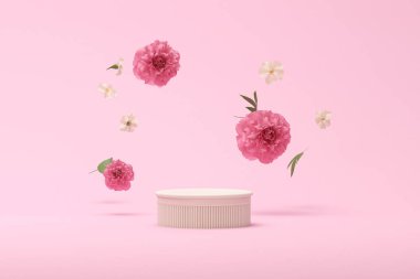 3D podyum, ortanca çiçeği ve klasik çerçeveli pastel pembe arka plan. Şakayık çiçeği ve doğa yaprağı. Güzellik ve ürün için minimum kaide. Kadınsı kopyalama alanı şablonu 3d oluşturma