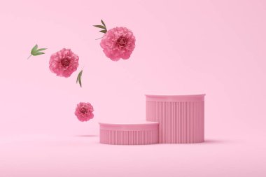 3D podyum, ortanca çiçeği ve klasik çerçeveli pastel pembe arka plan. Şakayık çiçeği ve doğa yaprağı. Güzellik ve ürün için minimum kaide. Kadınsı kopyalama alanı şablonu 3d oluşturma