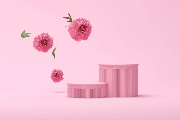 3D podyum, ortanca çiçeği ve klasik çerçeveli pastel pembe arka plan. Şakayık çiçeği ve doğa yaprağı. Güzellik ve ürün için minimum kaide. Kadınsı kopyalama alanı şablonu 3d oluşturma