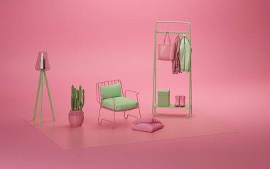 Kaktüs tenceresi ve yeşil elementlerle pembe arka planda Armchair ile yaratıcı iç tasarım. Kopyalama alanı olan ışık arkaplanı. Web sayfası, sunum veya stüdyo arkaplanı için 3D görüntüleme.