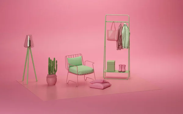 Design Interiores Criativo Com Poltrona Fundo Rosa Com Pote Cacto — Fotografia de Stock
