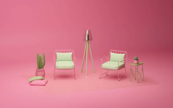 Δημιουργική Εσωτερική Διακόσμηση Πολυθρόνα Ροζ Φόντο Κάκτο Και Πράσινα Στοιχεία — Φωτογραφία Αρχείου