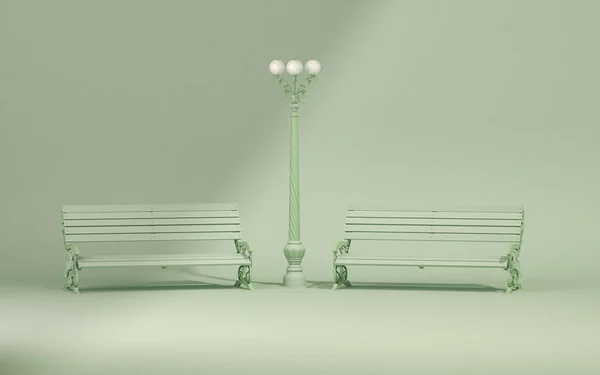 Banc Park Vintage Lampadaire Couleur Vert Pastel Monochrome Uni Fond — Photo