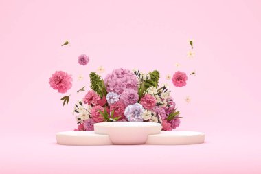 3D podyum, ortanca çiçeği ve klasik çerçeveli pastel pembe arka plan. Şakayık çiçeği ve doğa yaprağı. Güzellik ve ürün için minimum kaide. Kadınsı kopyalama alanı şablonu 3d oluşturma