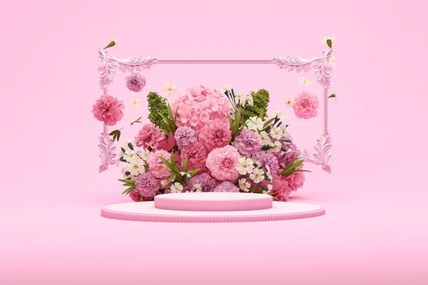 3D podyum, ortanca çiçeği ve klasik çerçeveli pastel pembe arka plan. Şakayık çiçeği ve doğa yaprağı. Güzellik ve ürün için minimum kaide. Kadınsı kopyalama alanı şablonu 3d oluşturma