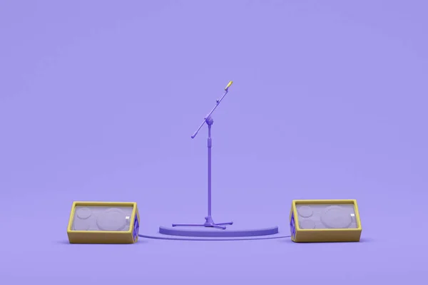 Konzertbühne Mit Mikrofon Und Lautsprechern Auf Lila Hintergrund Gelben Farben — Stockfoto
