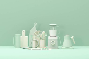 Pastel mavi ve yeşil renkte meyve suyu mutfak blendırı makinesi. Küçük Mutfak Elektrik Cihazları. Sağlıklı yaşam tarzı, ev yapımı. Ürün sunumu kavramı, sosyal medya. 3 Boyutlu Hazırlama