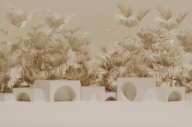 Beyaz arka planda tropik bahçeli bir podyum. Tropikal ağaçlar ve yapraklarla dolu bir sahne. Reklam fikri. Yaratıcı kompozisyon. 3d hazırlayıcı