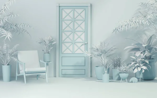 Door and chair, plant concept with sunshade shadow in plain monochrome pastel blue color. Light background with copy space. 3D rendering for web page, presentation or studio, minimalist.