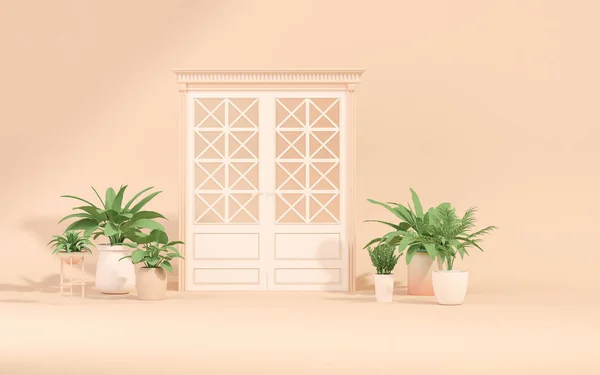 Door and window, plant concept with sunshade shadow in plain monochrome pastel coral pink color. Light background with copy space. 3D rendering for web page, presentation or studio, minimalist.
