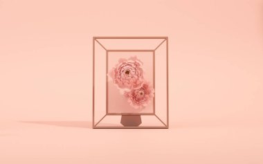3 boyutlu podyum, fonda şakayık çiçeği ve palmiye yaprağı olan pastel pembe arkaplan, çerçeve resmi. Güzellik için minimum kaide, kozmetik ürün. Tatil, kadınsı kopya alanı şablonu 3d oluşturma
