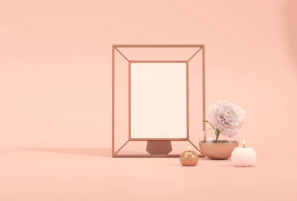 Podium Display Pastel Pink Background Peonies Flower Palm Leaf Frame — Photo