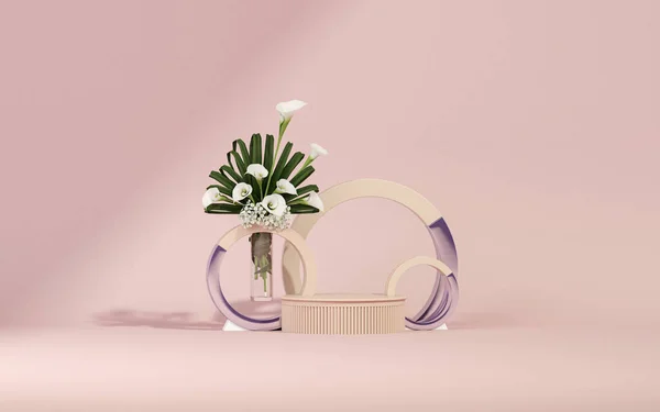 Podium Display Purple Pink Background White Flower Palm Leaf Minimal — Fotografia de Stock