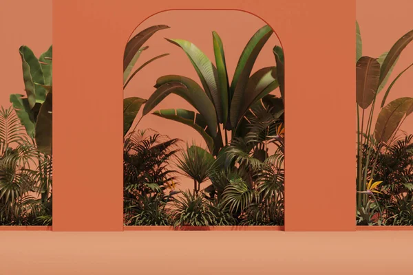 Minimální Scéna Tropickou Zahradou Korálově Růžovém Pozadí Studio Oblouky Klasické — Stock fotografie