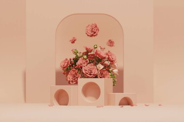 3 boyutlu podyum görüntüsü, gül çiçeği ve palmiye yaprağıyla pastel bej arkaplan. Güzellik için minimum kaide, kozmetik ürün. Tatil, kadınsı kopya alanı şablonu 3d oluşturma