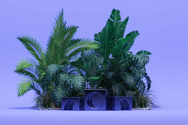 Skleněné Pódium Tropickou Zahradou Fialovém Pozadí Scéna Tropickými Stromy Listy — Stock fotografie
