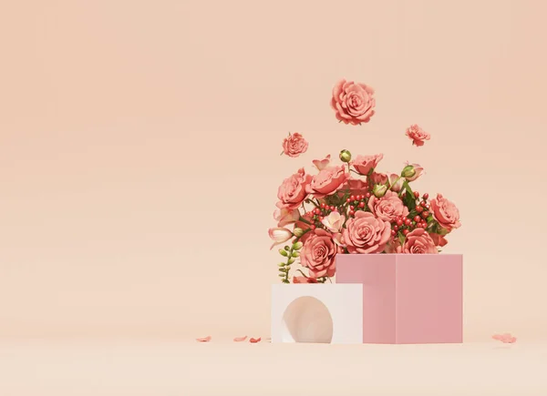 3 boyutlu podyum görüntüsü, gül çiçeği ve palmiye yaprağıyla pastel bej arkaplan. Güzellik için minimum kaide, kozmetik ürün. Tatil, kadınsı kopya alanı şablonu 3d oluşturma