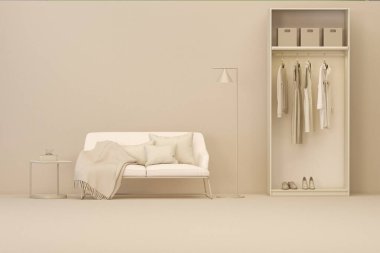 Giysi dolabı ve koltuğu olan bej ve beyaz stüdyoda yaratıcı iç tasarım. Pastel mavi renk arkaplanı. Web sayfası, sunum veya resim çerçevesi için 3B hazırlama