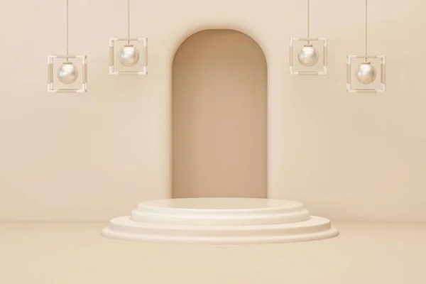 製品発表用の3D パステルホワイトとベージュの背景に丸みを帯びた 3Dレンダリング図です 空の台座 モックアップ製品のためのスタンド — ストック写真