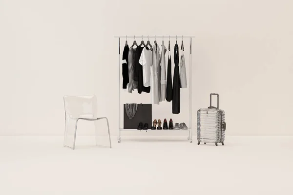 Clothes on a hanger,chair and luggage in black and white background. Collection of clothes hanging on rack with pastel colors. 3d rendering, concept for shopping store and bedroom