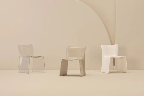 白と透明 ベージュの背景の椅子 ミニマリズムの概念 ソーシャルメディアバナー プロモーション 化粧品取引ショー 時間コンセプト スタジオのためのトレンディな3Dレンダリング — ストック写真
