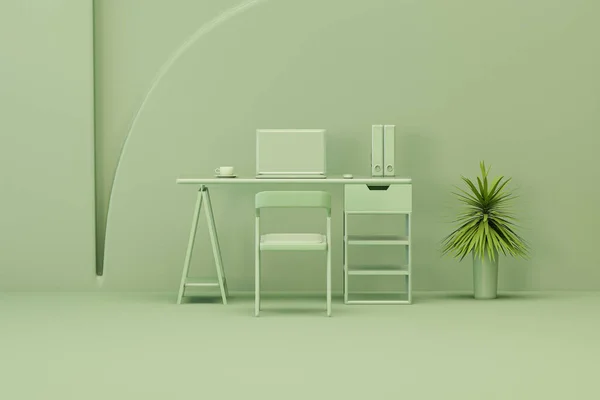 緑のモノクロームの最小オフィステーブルデスク 勉強机やワークスペースのための最小限のアイデアコンセプト モックアップテンプレート 3Dレンダリング — ストック写真