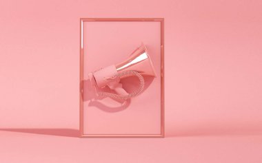 Pembe arka planda çerçeveli megafon. Reklam fikri. Yaratıcı kompozisyon. 3D tasarım, sosyal medya ve satış kavramı
