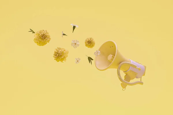 Renkli çiçekli sarı megafon ve içinden çıkan yapraklar pastel pembe arka planda. Reklam fikri. Yaratıcı kompozisyon. 3D tasarım, sosyal medya ve satış kavramı