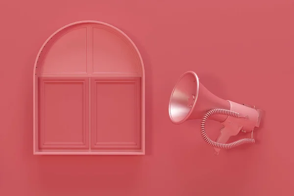 Megafono Con Finestra Sfondo Rosa Pastello Rosso Idea Pubblicitaria Composizione — Foto Stock