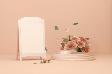 Pastel pembe arka planda çiçek ve ışık desenli 3 boyutlu podyum görüntüsü. Reklam panoları. Güzellik için minimum kaide, kozmetik ürün. 3d hazırlayıcı
