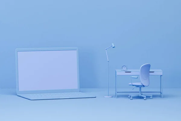 电脑屏幕和书桌上的淡蓝色背景 学习概念 网上教育 工作截止日期 3D渲染 — 图库照片