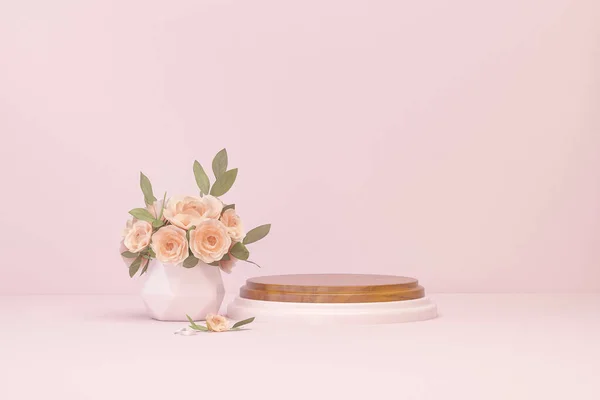 Podium Display Pastel Pink Background Peonies Flower Palm Leaf Shadow — Foto Stock