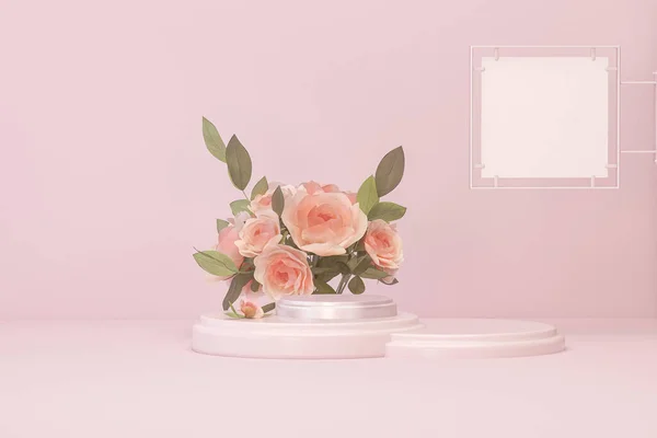 Pódium Displej Pastelově Růžové Pozadí Pivoňky Květ Palmový List Stín — Stock fotografie