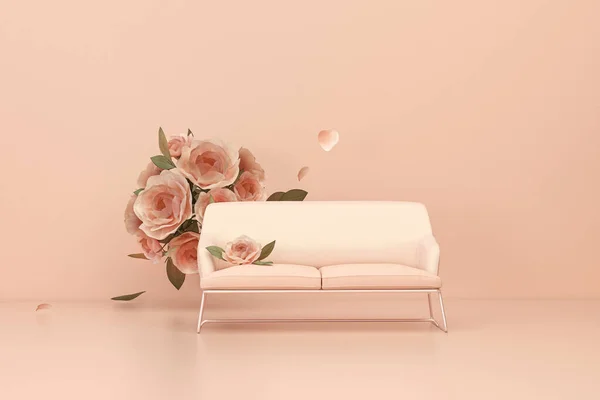 Fauteuil Avec Des Fleurs Colorées Tombant Sur Fond Rose Pastel — Photo