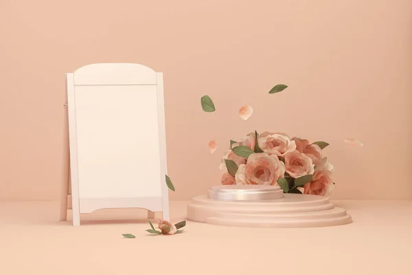 Podiumsdarstellung Auf Pastellrosa Hintergrund Mit Blumen Und Leuchtkästen Vorlage Werbeschilder — Stockfoto