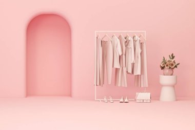 Askıda giysiler, pastel pembe arka planda bir depo rafı. Çanta, vazo ve kapı konsepti. 3D tasarım, mağaza ve yatak odası konsepti, stüdyo, yaşam tarzı.