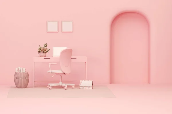Interieur Des Zimmers Schlicht Monochromer Rosa Farbe Mit Schreibtisch Und — Stockfoto